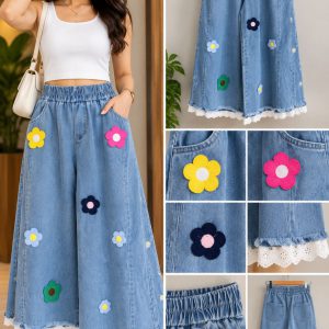 Denim Wide-Leg Culottes with Colorful Flower Patches and Lace Trim
