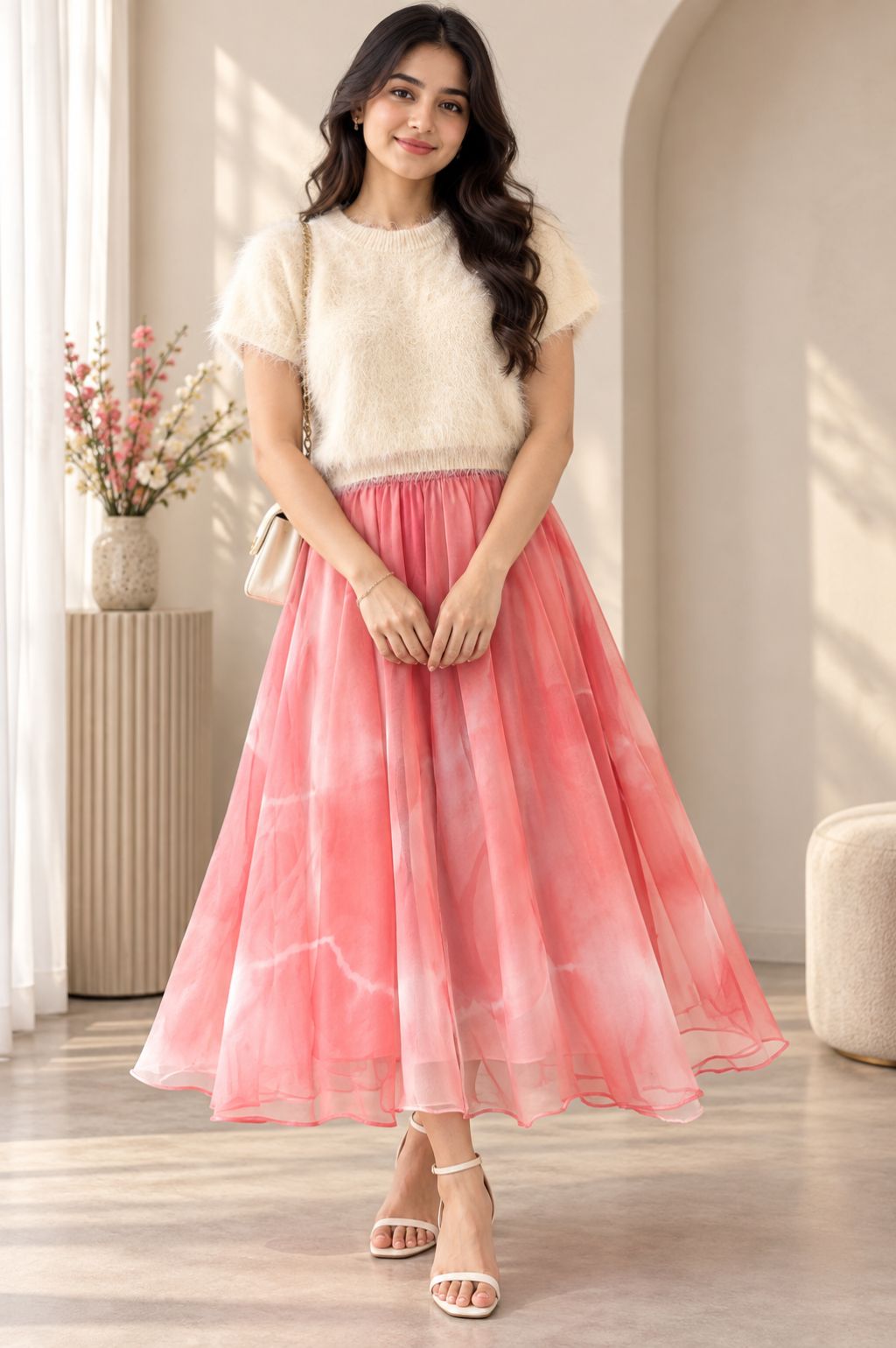 Cream Fuzzy Knit Top with Coral Tie-Dye Organza Maxi Skirt