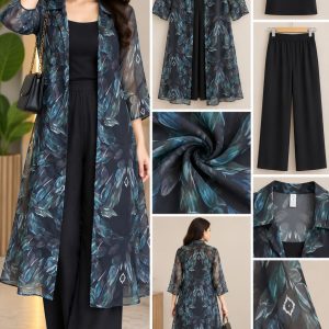 Teal Leaf Print Sheer Duster Kimono with Black Cami and Black Wide-Leg Pants