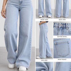 Light Blue Washed High-Waist Wide-Leg Jeans