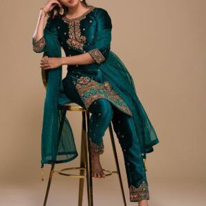 Peacock Blue Zariwork Velvet Readymade Salwar Suit
